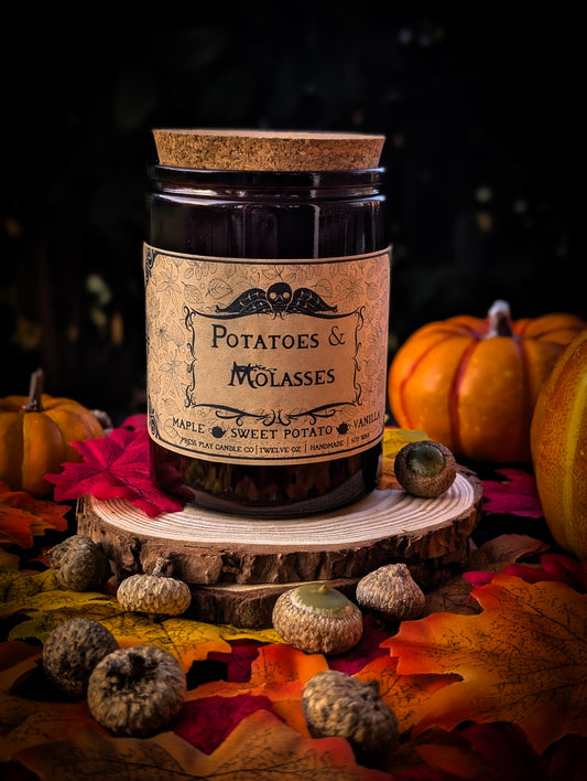 Potatoes & Molasses candle inspired by Over the Garden Wall, sweet maple, sweet potato, and vanilla cream scent.